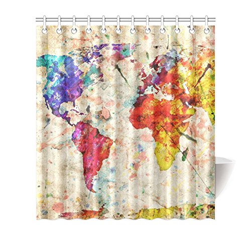 Purple Map Printing Polyester Waterproof Bathroom Fabric Shower Curtain 12 Hook